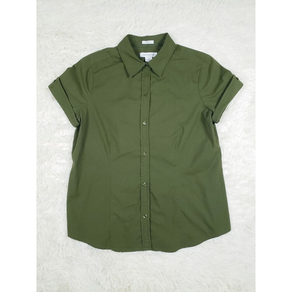 Liz Claiborne Women's Bottons Up Collared Stretch Shirt Size M Army Green
